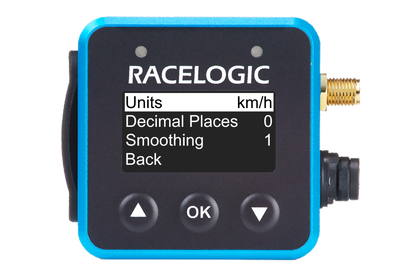 VBOX Mini Pit Lane Timer showing the Speed Settings menu with the Units option highlighted.  