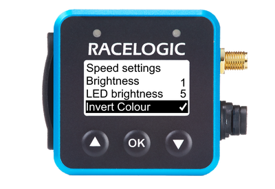 VBOX Mini Pit Lane Timer showing the Display Menu with the Invert Colour option highlighted and enabled.