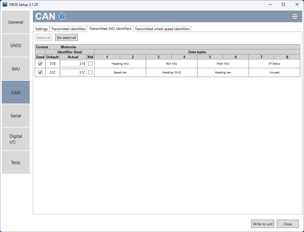 Screenshot of the Transmitted IMU Identifiers tab in the CAN Menu of VBOX Setup when connected to a VBOX Omega.