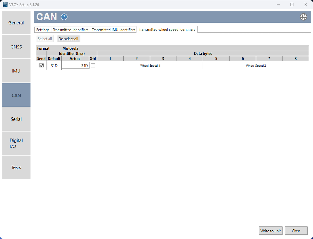 Screenshot of the Transmitted Wheel Speed Identifiers tab in the CAN Menu of VBOX Setup when connected to a VBOX Omega.