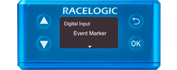 Illustration of a VBOX Omega showing the Digital Input screen with Event Marker selected.