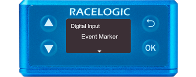 Illustration of a VBOX Omega showing the Digital Input screen with Event Marker selected.
