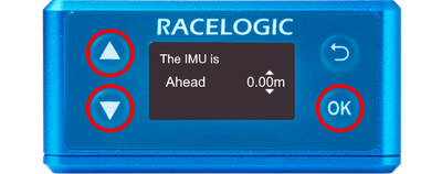 Illustration of IMU Offset screen with UP, DOWN and OK buttons highlighted.