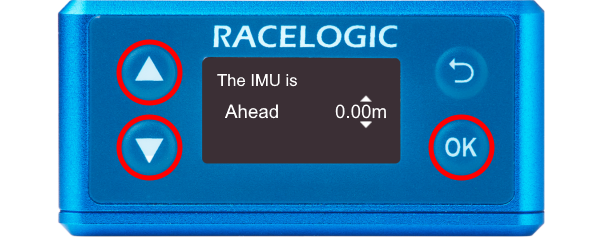 Illustration of IMU Offset screen with UP, DOWN and OK buttons highlighted.