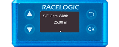 Illustration of a VBOX Omega showing the S/F Gate Width screen.