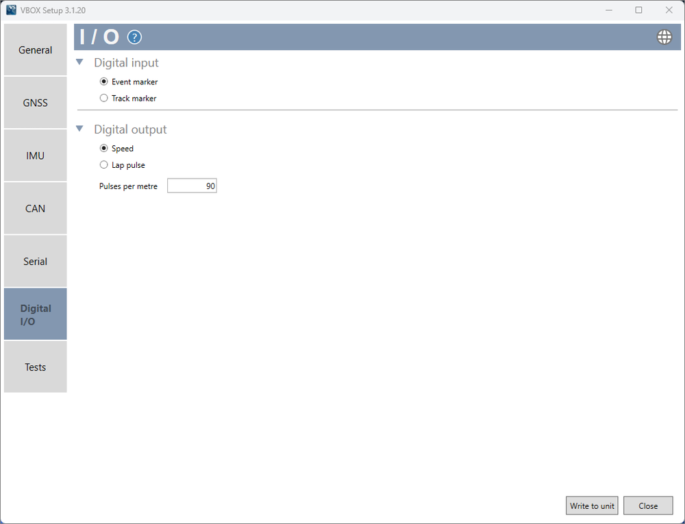 Screenshot of the Digital IO Menu in VBOX Setup when connected to a VBOX Omega.