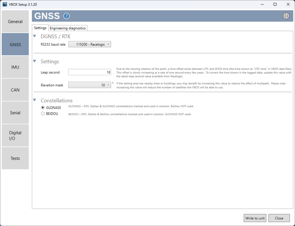 Screenshot of the GNSS menu in VBOX Setup when connected to a VBOX Omega.