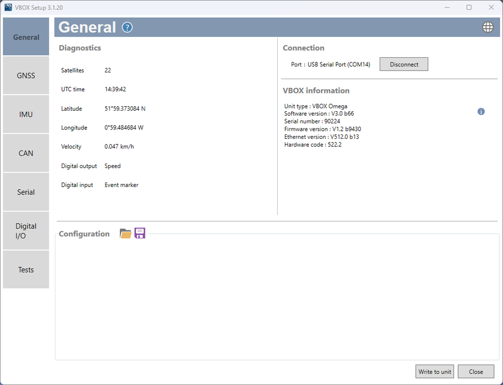 Screenshot of the General Menu in VBOX Setup when connected to a VBOX Omega.