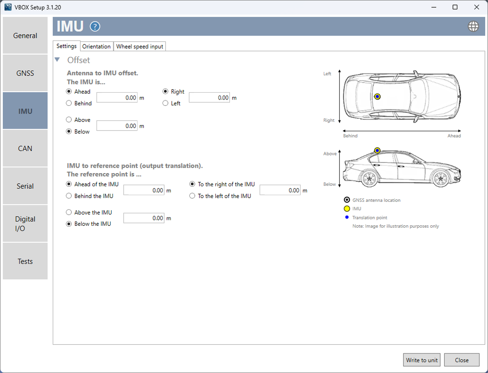 Screenshot of the IMU Menu in VBOX Setup when connected to VBOX Omega.