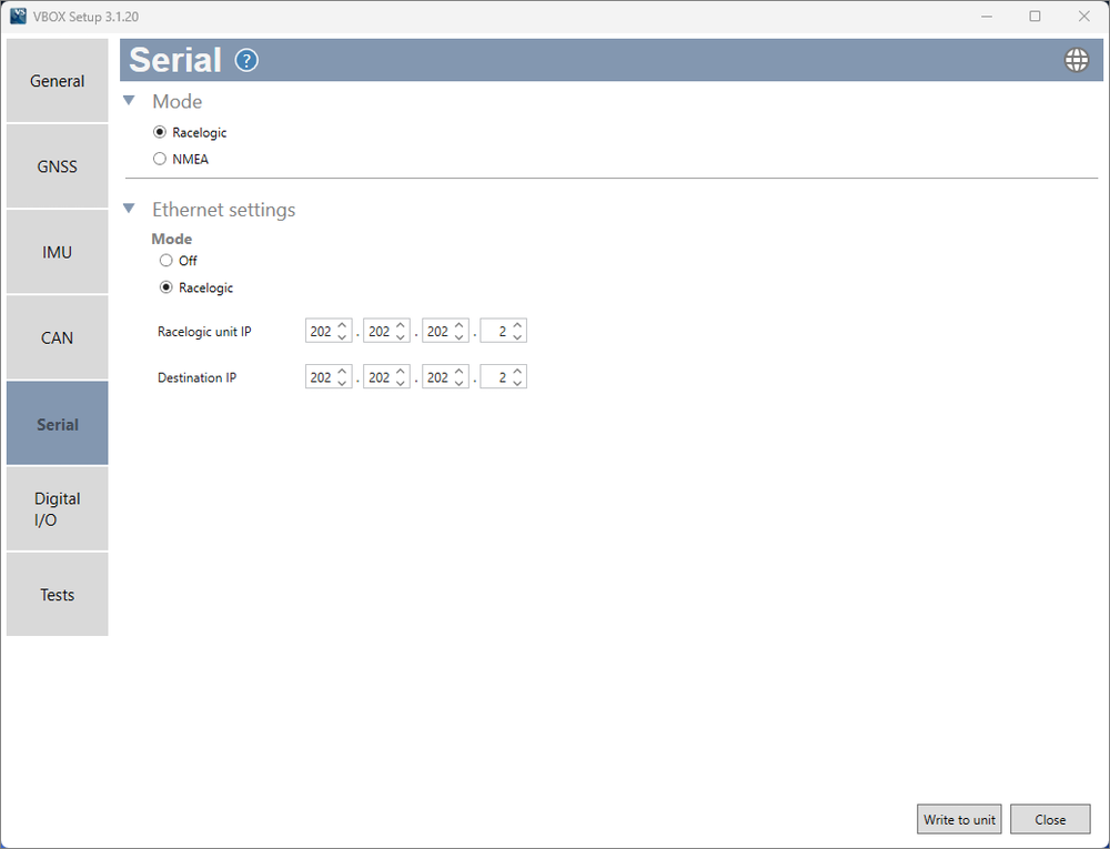 Screenshot of the Serial Menu in VBOX Setup when connected to a VBOX Omega.