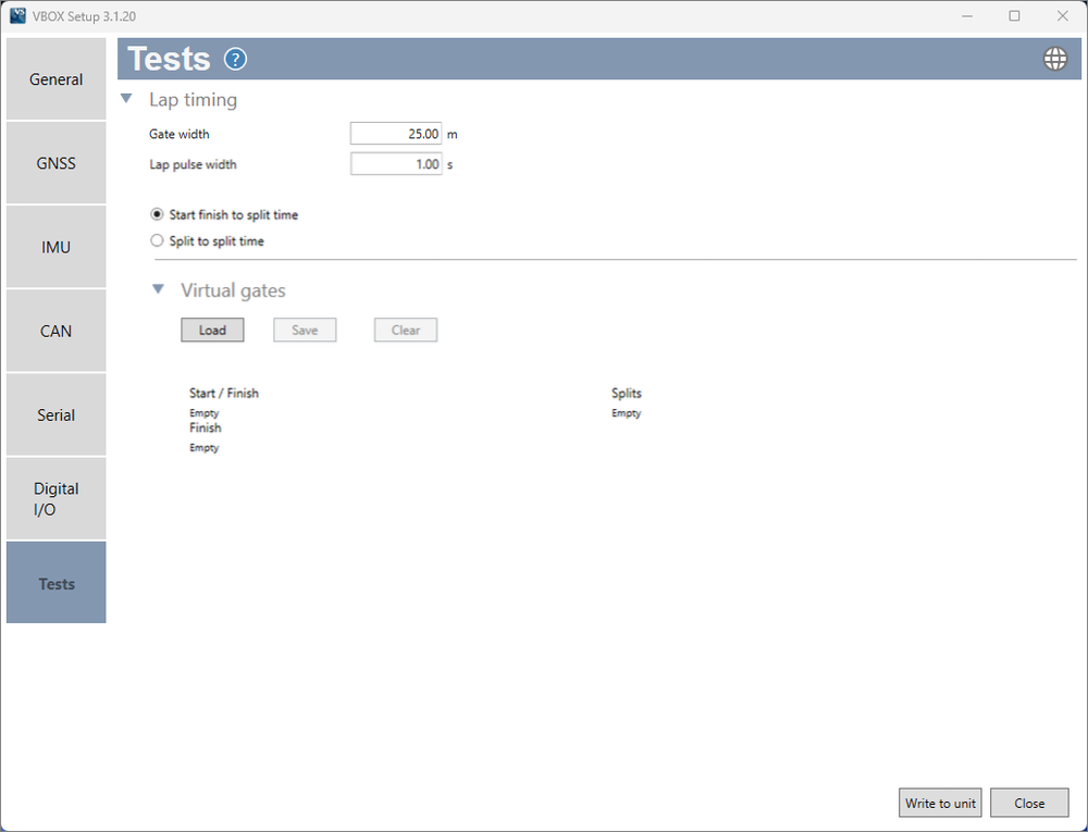Screenshot of the Tests Menu in VBOX Setup when connected to a VBOX Omega.