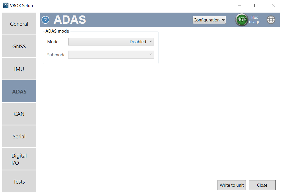Screenshot of the ADAS menu in VBOX Setup when connected to a VBOX 3iS Dual Antenna RTK unit.