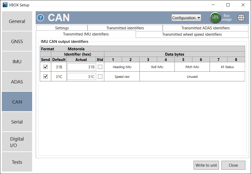 Screenshot of the Transmitted IMU Identifiers tab.