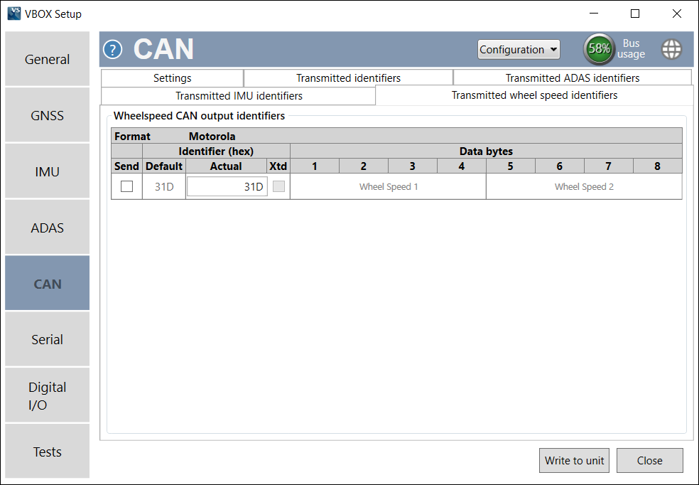 Screenshot of the Transmitted Wheel Speed Identifiers tab.