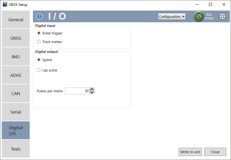 Screenshot of the Digital IO Menu in VBOX Setup when connected to a VBOX 3iS Dual Antenna RTK unit.