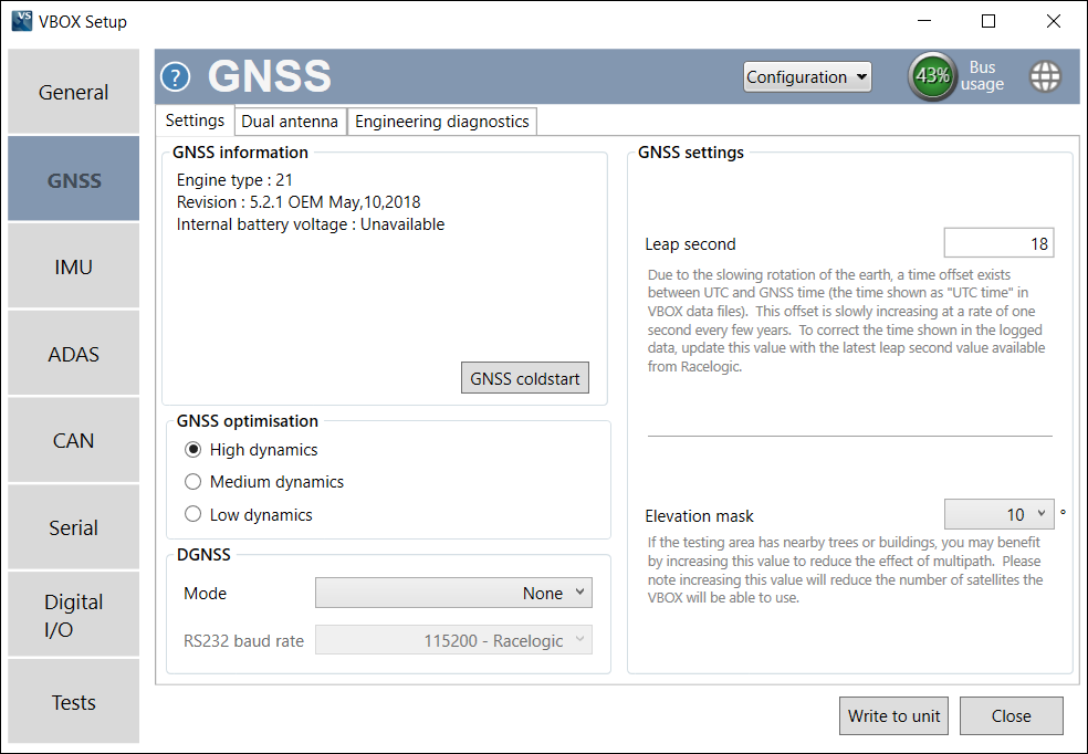 Screenshot of the GNSS menu in VBOX Setup when connected to a VBOX 3iS Dual Antenna RTK unit.