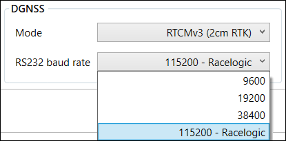 Cropped screenshot of the DGNSS Mode - Baud Rate options.