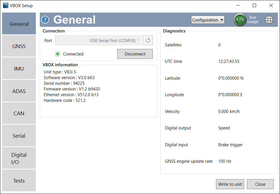 Screenshot of the General Menu in VBOX Setup when connected to a VBOX 3iS Dual Antenna RTK unit.