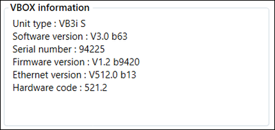 Cropped screenshot of the VBOX Information area when connected to a VBOX 3iS Dual Antenna RTK unit.