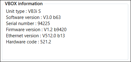 Cropped screenshot of the VBOX Information area when connected to a VBOX 3iS Dual Antenna RTK unit.