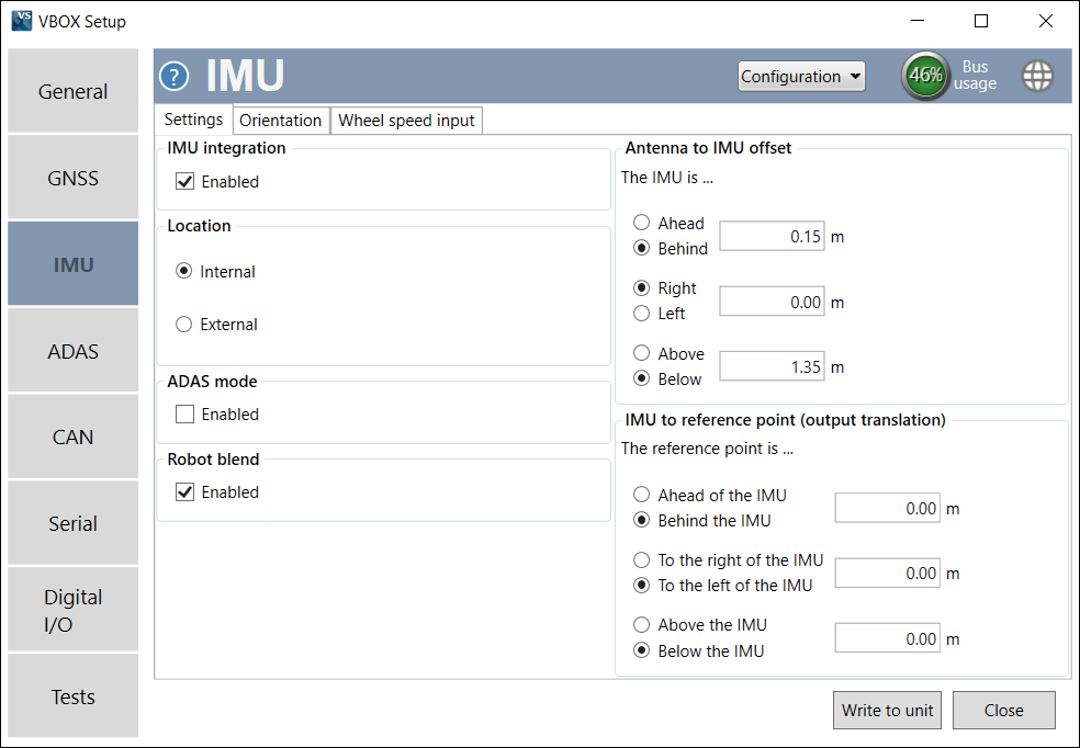Screenshot of the IMU Menu in VBOX Setup when connected to a VBOX 3iS Dual Antenna RTK unit.