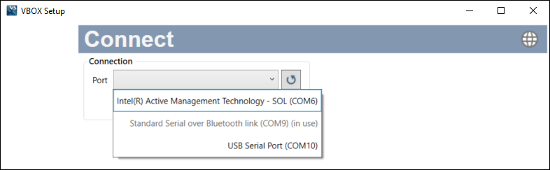 Cropped screenshot of the connecting VBOX Setup to a VBOX Omega via a COM port.