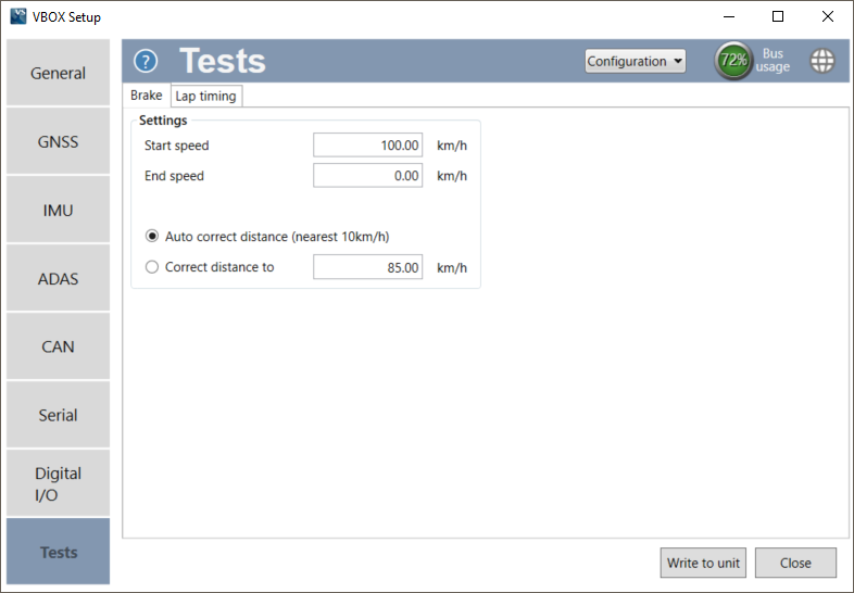 Screenshot of the Brake tab in the Tests menu of VBOX Setup when connected to a VBOX 3iS Dual Antenna RTK unit.