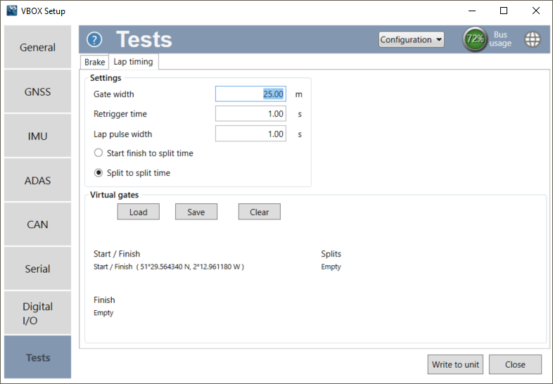 Screenshot of the Lap Timing tab of the Tests menu in VBOX Setup when connected to a VBOX 3iS Dual Antenna RTK unit.