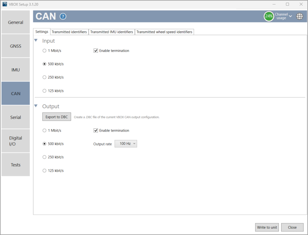 Screenshot of the CAN menu in VBOX Setup when connected to a VBOX Omega.