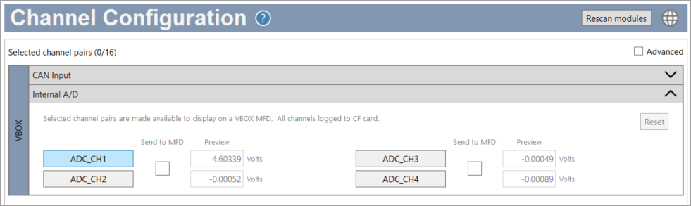 Screenshot of the Channel Configuration menu in VBOX Setup software when connection to VBOX 3i with an ADAS Visual Sensor.