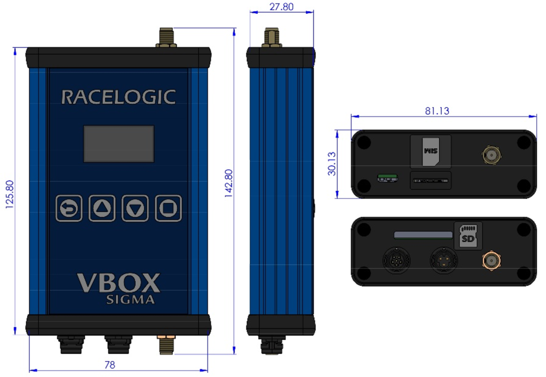 Drawing showing VBOX Sigma dimensions.