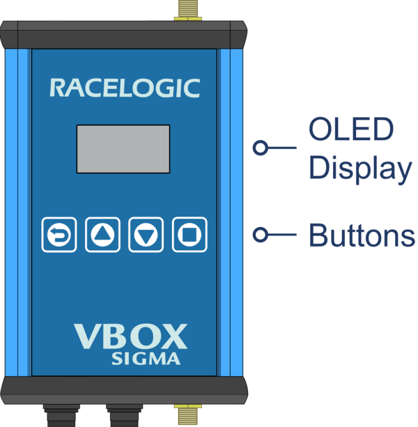 Drawing of the front of VBOX Sigma with labels highlighting the OLED Display and buttons.