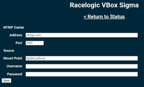 Screenshot of VBOX Sigma NTRIP Settings with rtk2go set as the NTRIP Caster.