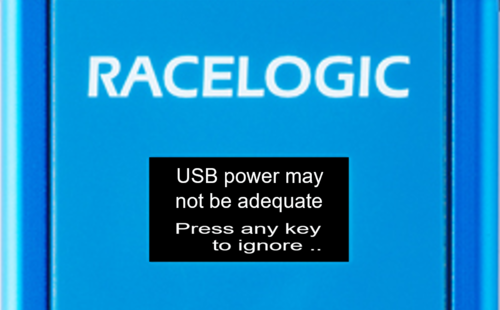 Image showing the Display Screen on VBOX Sigma with a message on screen "USB power may not be adequate. Press any key to ignore."