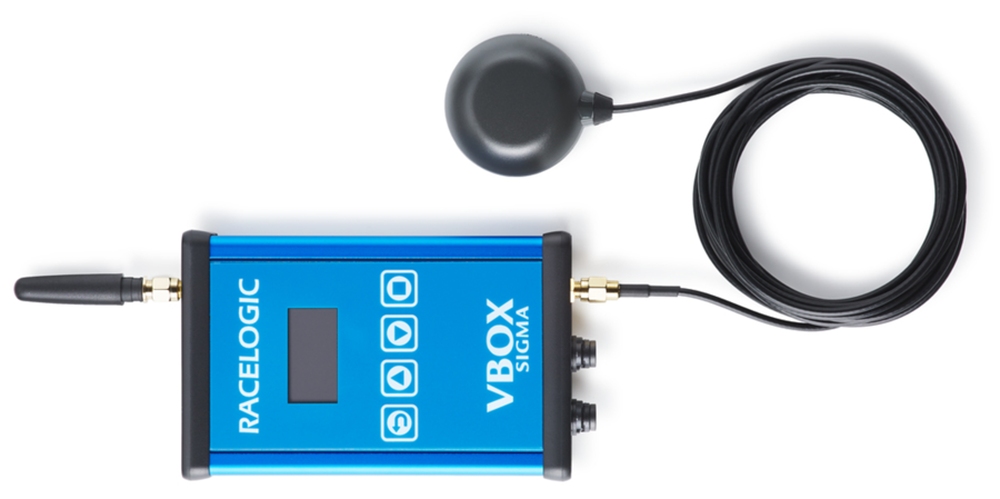 Photograph of VBOX Sigma with a connected antenna.