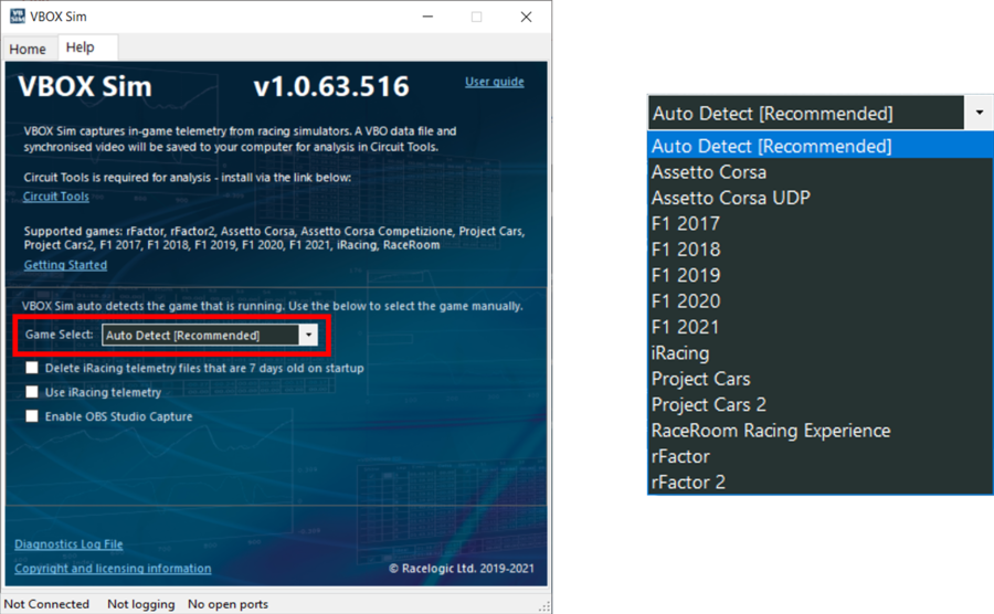 VBOX Sim Help Tab Game Select