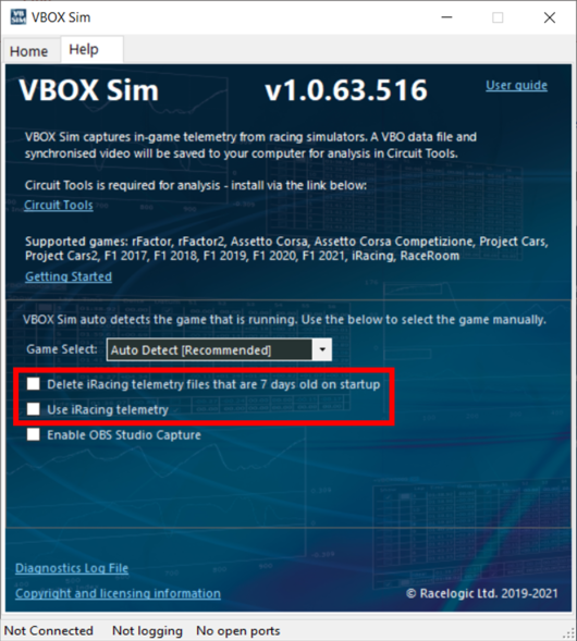 VBOX Sim Help Tab iRacing