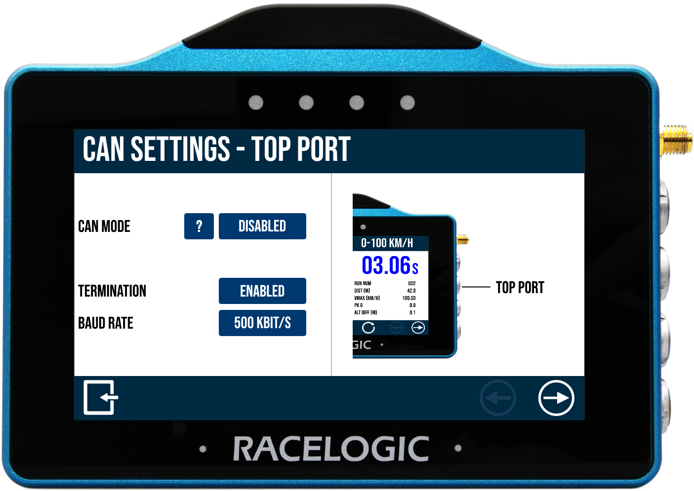 VBOX Touch displaying the CAN Settings screen on VBOX Touch.