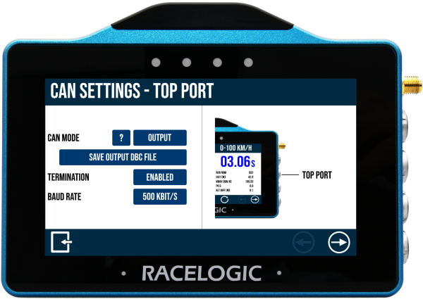 VBOX Touch displaying the CAN Settings - Top Port screen With CAN Mode set to Output.