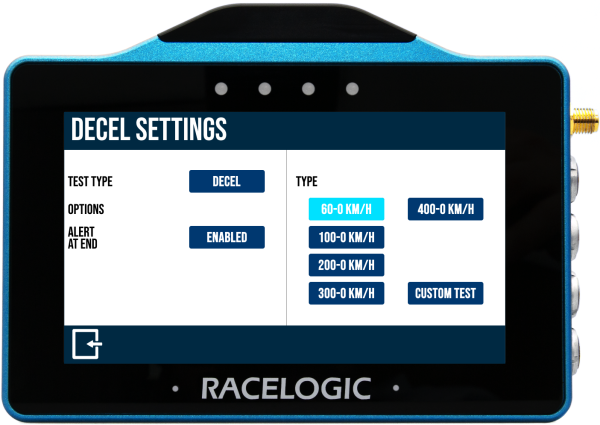 VBOX Touch displaying the Decel Settings screen.