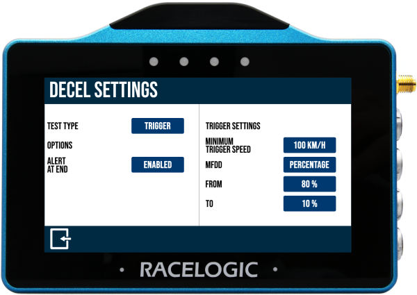 VBOX Touch displaying the Decel Settings screen with Trigger Test options.