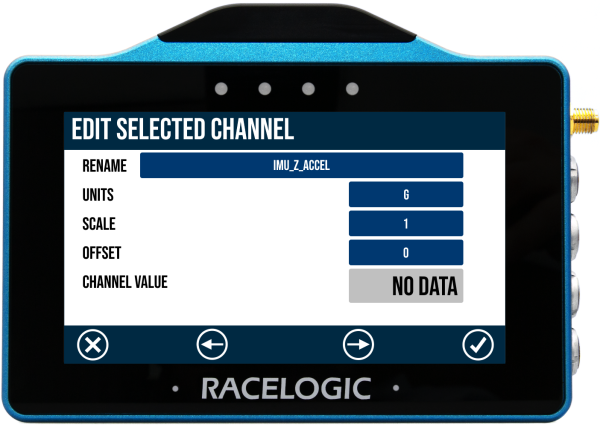 VBOX Touch displaying the Edit Selected Channel screen showing IMU_Z_ACCEL channel details.