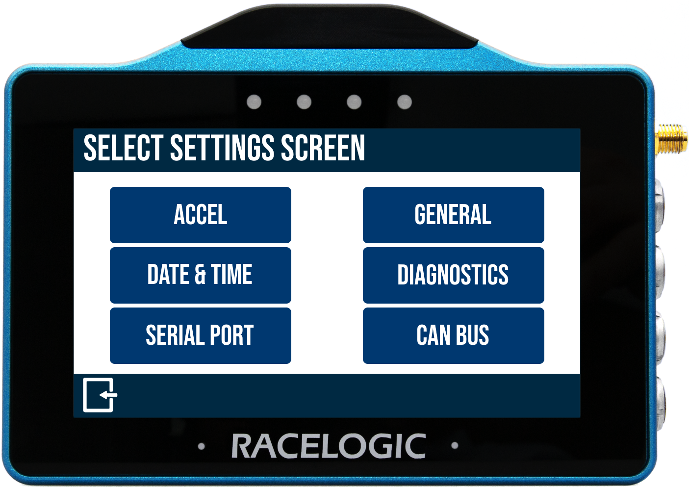 VBOX Touch unit with the Select Settings Screen displayed. 