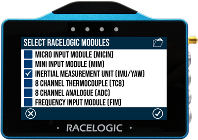VBOX Touch displaying the Select Racelogic Modules screen with a list of the available Racelogic Modules..