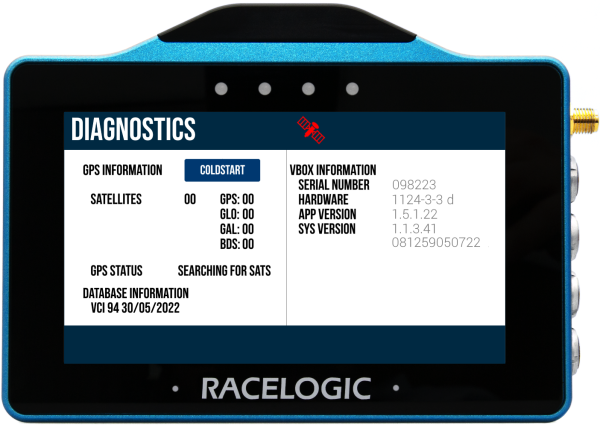 VBOX Touch displaying the Diagnostics Screen in the Brake Temperature App.