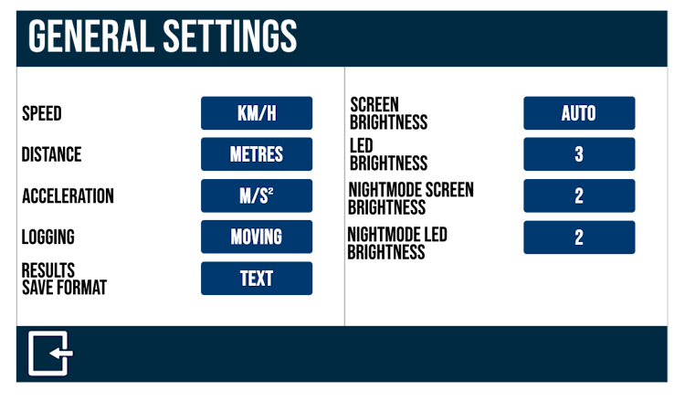 General Settings Screen in the VBOX Touch Speed Profiler App. 