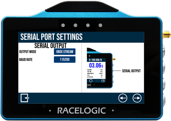 VBOX Touch displaying the Serial Port Settings screen.