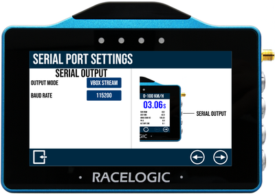 VBOX Touch displaying the Serial Port Settings screen.
