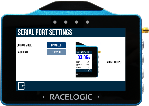 VBOX Touch displaying the Serial Port Settings screen.