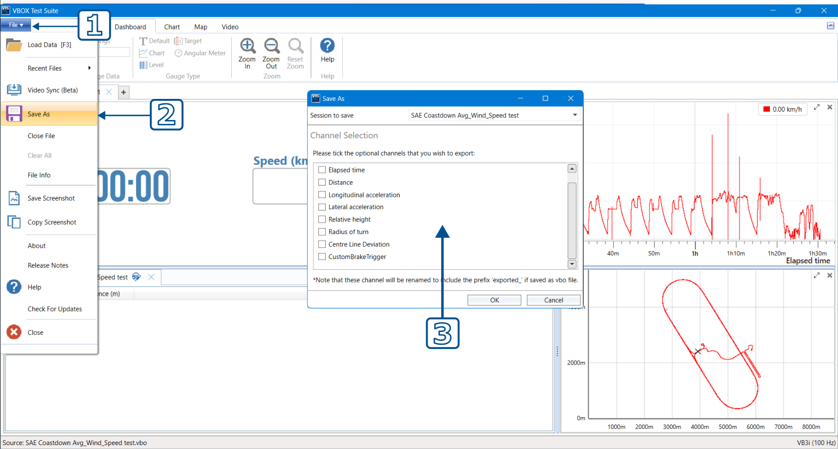 VBOX Test Suite with File Menu open, Save As option highlighted and the Save As dialogue open. Numbered arrow indicate the click order for the process.